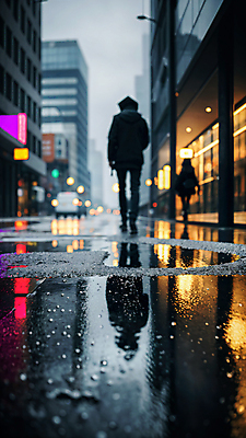 JPG 편집이미지 거리 풍경 성인 야외 두명 건물 빛 반사 걷기 상점 젖음 비 웅덩이 흐림 성인만 편집실사 AI포토 AI콘텐츠 자연요소 건축물 모션 날씨 사람 CG 파일형식