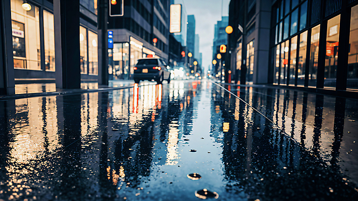 JPG 편집이미지 자동차 거리 풍경 야외 건물 빛 반사 상점 젖음 비 웅덩이 흐림 편집실사 AI포토 AI콘텐츠 자연요소 건축물 육상교통 날씨 CG 파일형식