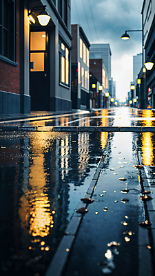 JPG 편집이미지 가로등 거리 풍경 야외 건물 빛 반사 상점 젖음 비 웅덩이 흐림 편집실사 AI포토 AI콘텐츠 자연요소 건축물 공공시설 날씨 CG 파일형식