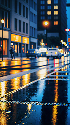 JPG 편집이미지 자동차 거리 풍경 사람없음 야외 건물 아웃포커스 빛 반사 상점 젖음 비 야간 웅덩이 흐림 편집실사 AI포토 AI콘텐츠 자연요소 건축물 육상교통 날씨 촬영기법 CG 파일형식