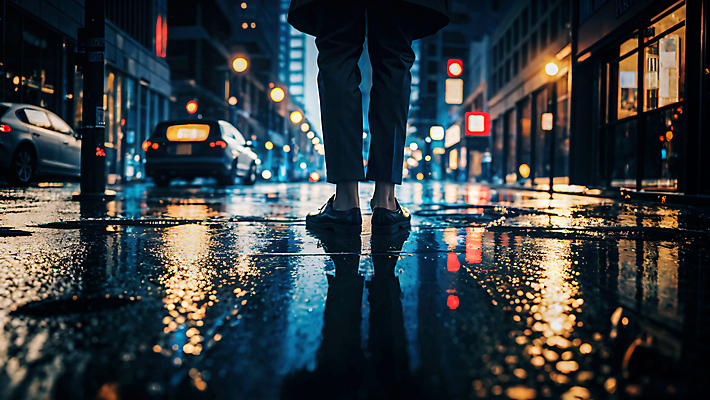 JPG 편집이미지 자동차 거리 한명 서기 풍경 성인 야외 건물 뒷모습 빛 반사 상점 젖음 하반신 비 웅덩이 흐림 성인한명만 편집실사 AI포토 AI콘텐츠 자연요소 1 건축물 육상교통 뷰포인트 모션 날씨 사람 CG 성인만 파일형식