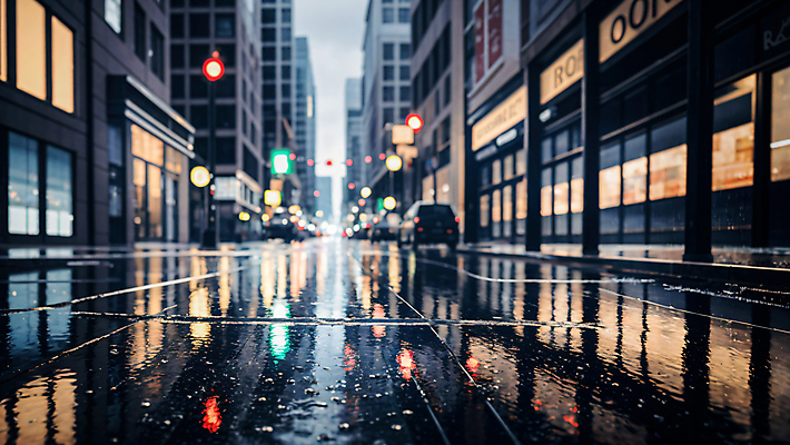 JPG 편집이미지 자동차 거리 풍경 사람없음 야외 건물 빛 반사 상점 젖음 비 웅덩이 흐림 편집실사 AI포토 AI콘텐츠 자연요소 건축물 육상교통 날씨 CG 파일형식