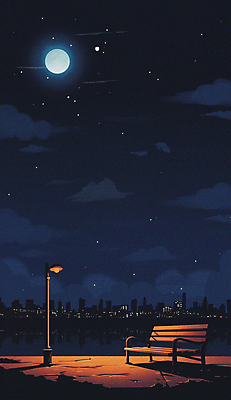 JPG 구름 실루엣 야경 가로등 벤치 일러스트 밤하늘 사람없음 건물 빛 어둠 보름달 도시 남색 국내일러스트 AI일러스트 AI콘텐츠 자연요소 건축물 공공시설 컬러 의자 하늘 촬영기법 달 야간 파일형식 풍경_경치