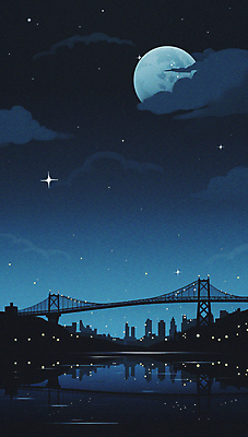 JPG 구름 실루엣 야경 일러스트 밤하늘 사람없음 건물 강 반사 보름달 달 도시 남색 가교 국내일러스트 AI일러스트 AI콘텐츠 자연요소 건축물 컬러 하늘 촬영기법 야간 파일형식 풍경_경치