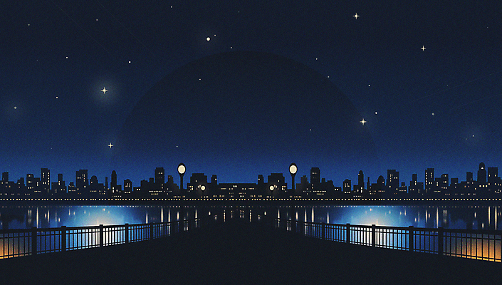 JPG 실루엣 별 야경 가로등 일러스트 밤하늘 사람없음 건물 강 반사 어둠 도시 남색 가교 국내일러스트 AI일러스트 AI콘텐츠 자연요소 건축물 공공시설 컬러 하늘 촬영기법 야간 파일형식 풍경_경치