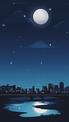 JPG 구름 실루엣 야경 일러스트 밤하늘 사람없음 건물 강 반사 어둠 보름달 도시 유성 남색 가교 국내일러스트 AI일러스트 AI콘텐츠 자연요소 건축물 컬러 하늘 촬영기법 달 야간 파일형식 풍경_경치