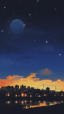 JPG 구름 실루엣 야경 일러스트 밤하늘 사람없음 건물 강 반사 어둠 보름달 달 도시 유성 남색 국내일러스트 AI일러스트 AI콘텐츠 자연요소 건축물 컬러 하늘 촬영기법 야간 파일형식 풍경_경치