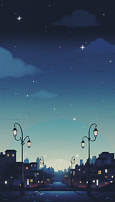 JPG 구름 야경 가로등 일러스트 밤하늘 거리 주택 사람없음 파란색 도시 주택가 국내일러스트 AI일러스트 AI콘텐츠 자연요소 공공시설 컬러 하늘 건물 야간 파일형식 풍경_경치