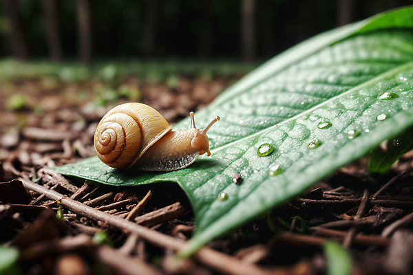 JPG 편집이미지 한마리 풍경 사람없음 아웃포커스 물방울 풀잎 달팽이 풀숲 편집실사 AI포토 AI콘텐츠 1 잎 연체동물 촬영기법 풀_식물 숲 CG 파일형식