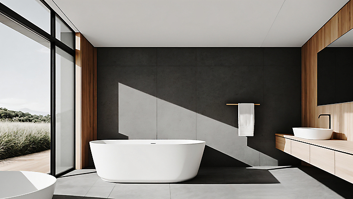 JPG 편집이미지 라이프스타일 창문 욕조 실내 사람없음 인테리어 수건 거울 욕실 디지털합성 세면대 수건걸이 미니멀 편집실사 AI포토 AI콘텐츠 디자인 내부 생활 위생용품 CG 파일형식