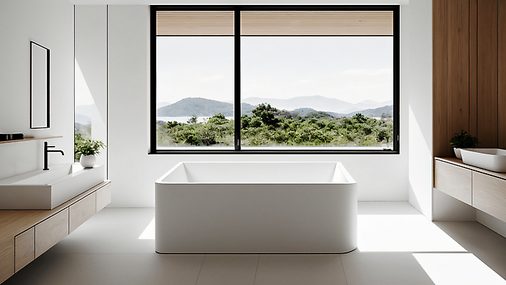 JPG 편집이미지 라이프스타일 창문 욕조 실내 사람없음 인테리어 욕실 디지털합성 세면대 미니멀 편집실사 AI포토 AI콘텐츠 디자인 내부 생활 CG 파일형식