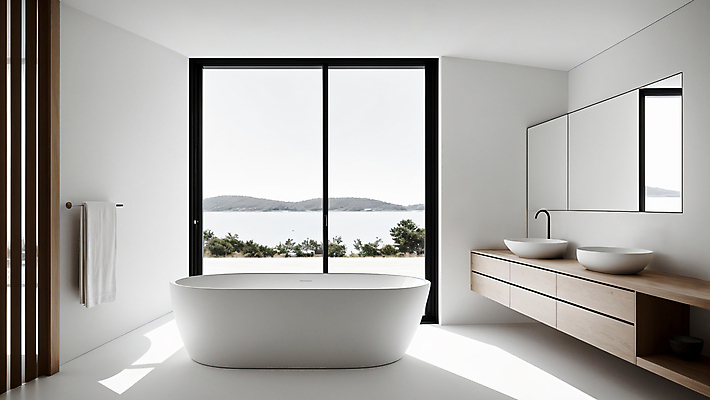 JPG 편집이미지 라이프스타일 창문 욕조 실내 사람없음 인테리어 수건 거울 욕실 디지털합성 세면대 미니멀 편집실사 AI포토 AI콘텐츠 디자인 내부 생활 위생용품 CG 파일형식