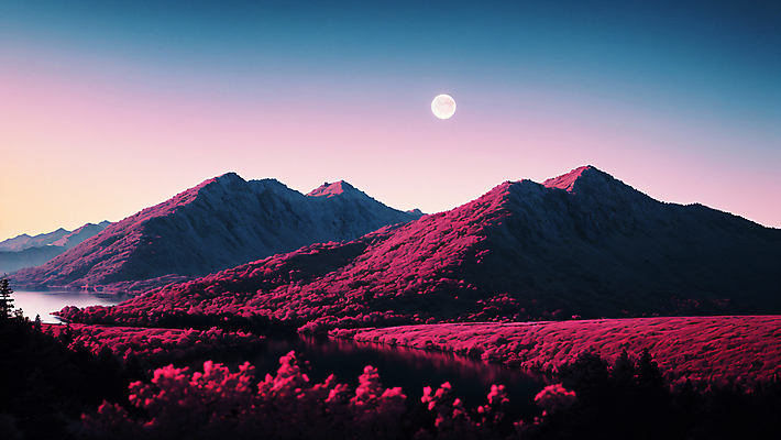 JPG 편집이미지 꽃밭 자연 밤하늘 산 풍경 사람없음 강 보라색 달 디지털합성 편집실사 AI포토 AI콘텐츠 자연요소 꽃 컬러 하늘 야간 CG 생태계 파일형식