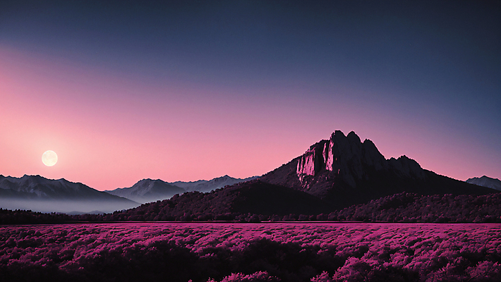 JPG 편집이미지 꽃밭 자연 밤하늘 산 풍경 사람없음 보라색 달 디지털합성 편집실사 AI포토 AI콘텐츠 자연요소 꽃 컬러 하늘 야간 CG 생태계 파일형식