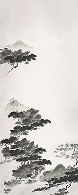 JPG 나무 일러스트 자연 붓터치 산 풍경 사람없음 검은색 소나무 먹 동양화 번짐 산수화 카피스페이스 국내일러스트 AI일러스트 AI콘텐츠 식물 컬러 서예 미술 공백 생태계 파일형식 효과