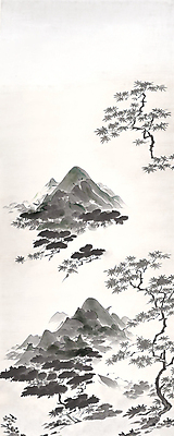 JPG 나무 일러스트 자연 붓터치 산 풍경 사람없음 검은색 소나무 먹 동양화 번짐 산수화 카피스페이스 국내일러스트 AI일러스트 AI콘텐츠 식물 컬러 서예 미술 공백 생태계 파일형식 효과