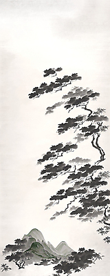 JPG 일러스트 자연 붓터치 산 풍경 사람없음 검은색 소나무 먹 동양화 번짐 산수화 카피스페이스 국내일러스트 AI일러스트 AI콘텐츠 나무 컬러 서예 미술 공백 생태계 파일형식 효과