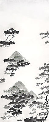 JPG 일러스트 자연 붓터치 산 풍경 사람없음 검은색 소나무 먹 동양화 번짐 산수화 카피스페이스 국내일러스트 AI일러스트 AI콘텐츠 나무 컬러 서예 미술 공백 생태계 파일형식 효과