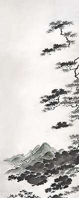 JPG 일러스트 자연 붓터치 산 풍경 사람없음 검은색 소나무 먹 동양화 번짐 산수화 카피스페이스 국내일러스트 AI일러스트 AI콘텐츠 나무 컬러 서예 미술 공백 생태계 파일형식 효과