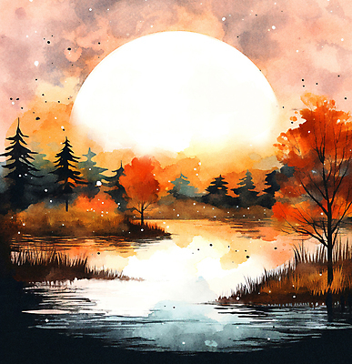 JPG 호수 일러스트 자연 하늘 단풍나무 수채화 풍경 사람없음 강 태양 가을풍경 황혼 일몰 가을 국내일러스트 AI일러스트 AI콘텐츠 자연요소 나무 계절 단풍 노을 생태계 파일형식 가을_계절
