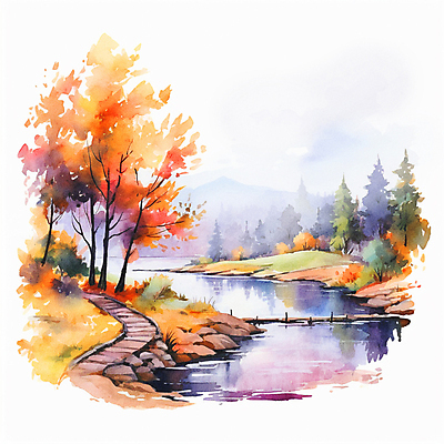 JPG 단풍 일러스트 자연 하늘 단풍나무 수채화 산 풍경 사람없음 강 가을풍경 가을 바위 돌길 가교 국내일러스트 AI일러스트 AI콘텐츠 나무 건축물 계절 길 잎 돌_바위 생태계 파일형식 가을_계절