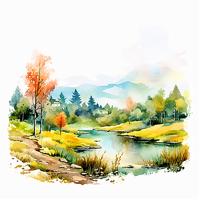 JPG 구름 일러스트 자연 하늘 단풍나무 수채화 산 프레임 풍경 사람없음 강 가을풍경 가을 돌_바위 국내일러스트 AI일러스트 AI콘텐츠 자연요소 나무 계절 단풍 생태계 파일형식 가을_계절