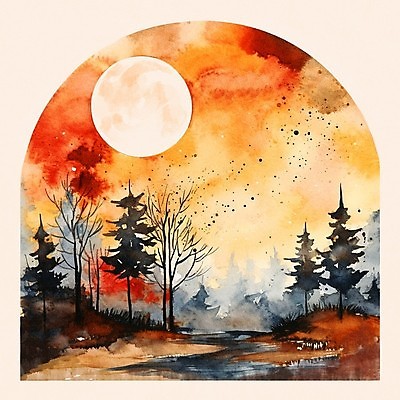 JPG 나무 일러스트 자연 붓터치 수채화 풍경 사람없음 강 태양 주황색 황혼 일몰 가을 번짐 감성 국내일러스트 AI일러스트 AI콘텐츠 자연요소 식물 계절 컬러 컨셉 노을 생태계 파일형식 효과