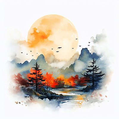 JPG 나무 구름 단풍 일러스트 조류 붓터치 수채화 산 풍경 사람없음 강 태양 안개 가을 번짐 감성 국내일러스트 AI일러스트 AI콘텐츠 자연요소 식물 동물 계절 컨셉 잎 날씨 파일형식 효과