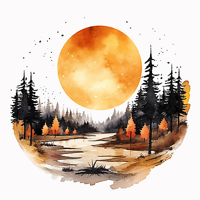 JPG 나무 단풍 일러스트 붓터치 수채화 풍경 사람없음 강 태양 갈색 가을 번짐 감성 국내일러스트 AI일러스트 AI콘텐츠 자연요소 식물 계절 컬러 컨셉 잎 파일형식 효과