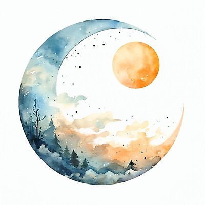 JPG 나무 구름 일러스트 붓터치 수채화 산 사람없음 파란색 주황색 달 가을 나뭇가지 초승달 번짐 감성 국내일러스트 AI일러스트 AI콘텐츠 자연요소 식물 계절 컬러 컨셉 파일형식 효과