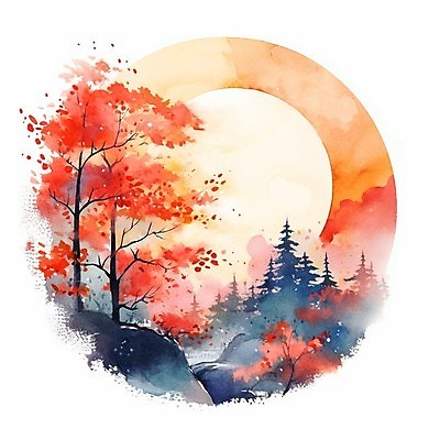 JPG 단풍 일러스트 단풍나무 붓터치 수채화 풍경 사람없음 태양 가을 돌_바위 바위 원형 번짐 감성 국내일러스트 AI일러스트 AI콘텐츠 자연요소 도형 나무 계절 컨셉 잎 파일형식 효과