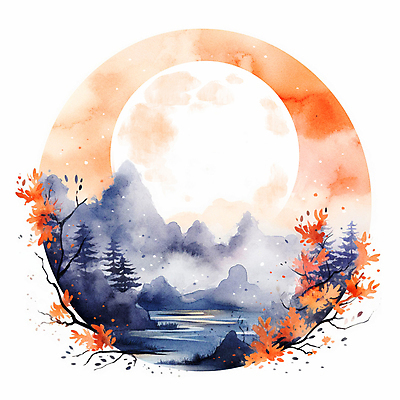 JPG 나무 구름 단풍 일러스트 붓터치 수채화 산 풍경 사람없음 강 태양 달 가을 나뭇가지 원형 번짐 감성 국내일러스트 AI일러스트 AI콘텐츠 자연요소 도형 식물 계절 컨셉 잎 파일형식 효과