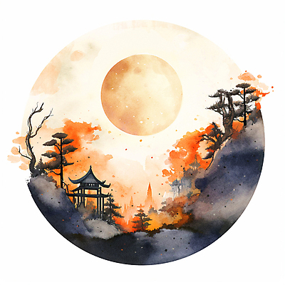 JPG 나무 단풍 일러스트 붓터치 수채화 풍경 사람없음 태양 달 가을 돌_바위 나뭇가지 원형 정자 번짐 감성 국내일러스트 AI일러스트 AI콘텐츠 자연요소 도형 식물 건축물 계절 컨셉 잎 파일형식 효과