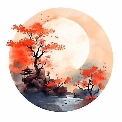 JPG 단풍 일러스트 단풍나무 붓터치 수채화 풍경 사람없음 강 태양 달 가을 돌_바위 원형 정자 번짐 감성 국내일러스트 AI일러스트 AI콘텐츠 자연요소 도형 나무 건축물 계절 컨셉 잎 파일형식 효과