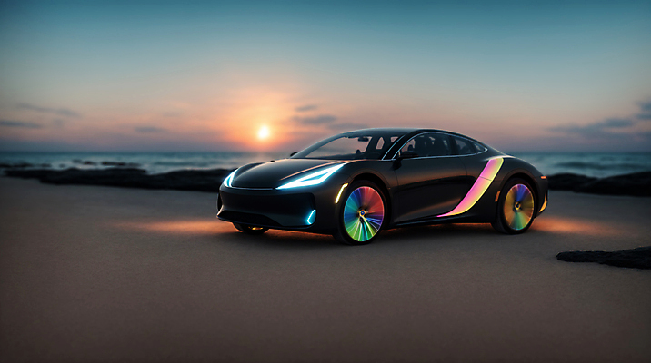 JPG 편집이미지 자동차 하늘 사람없음 빛 햇빛 일몰 디지털합성 미래자동차 전기자동차 편집소스 편집실사 AI포토 AI콘텐츠 육상교통 태양 노을 CG 파일형식