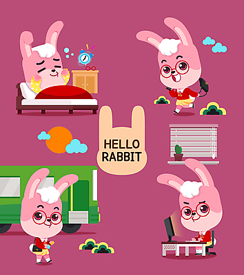 구름 의자 가방 여러마리 일러스트 버스 서기 미소 들기 앉기 사람없음 스마트폰 컴퓨터 태양 걷기 자명종 알람 기상 침대 토끼 타이핑 잠 업무 풀 책상 토끼캐릭터 서랍장 출근 열정 안경낌 월간캐릭터 계묘년 일러캐릭터 AI파일 자연요소 식물 캐릭터 잡화 감정 안경 육상교통 시계 동물캐릭터 가구 다수 포유류 모션 대중교통 표정 전자제품 핸드폰 스마트기기 반려동물 작업 출퇴근 파일형식 벡터 2023년