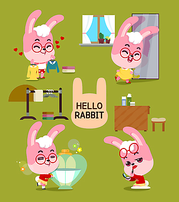 옷 화분 여러마리 일러스트 창문 안기 서기 미소 들기 앉기 사람없음 화장 뷰티 눈감음 화장품 립스틱 토끼 옷걸이 향수 토끼캐릭터 준비 바르기 화장대 전신거울 다리들기 옷고르기 착용 월간캐릭터 계묘년 일러캐릭터 AI파일 캐릭터 동물캐릭터 가구 다수 포유류 모션 표정 반려동물 거울 파일형식 벡터 2023년