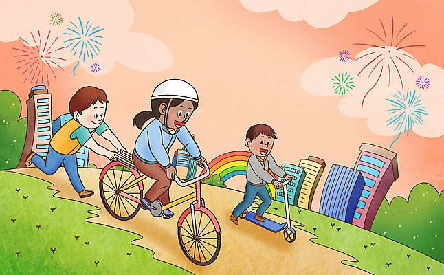 전신 PSD 외국인 구름 여자 남자 무지개 일러스트 협력 노동자 함께함 폭죽 성인 건물 세명 자전거 화목 다정 일몰 도움 풀 밀기 승차 헬멧 다인종 내리막 도와주기 퀵보드 평등 성인만 국내일러스트 자연요소 식물 직업 건축물 교통수단 컨셉 모션 사람 인종 노을 바이크 보호장비 파일형식