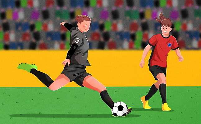 전신 PSD 여자 유니폼 일러스트 축구공 축구선수 경기 성인 두명 축구 경쟁 경기장 킥 군중 축구장 축구복 축구경기 공차기 성인여자만 국내일러스트 옷 스포츠 컨셉 공 축구용품 스포츠시설 모션 운동선수 사람 운동복 구기 여자만 성인만 파일형식