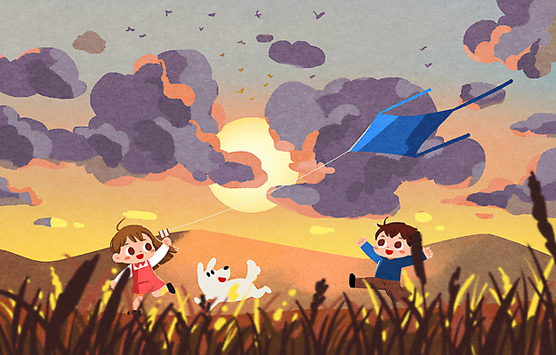 전신 PSD 구름 한마리 여자 남자 일러스트 산 들기 풍경 소녀 소년 초원 두명 달리기 태양 일몰 만세 올려보기 가을 풀 강아지 연 연날리기 감성 새떼 어린이만 국내일러스트 자연요소 식물 1 계절 어린이 컨셉 모션 조류 사람 반려동물 놀이용품 노을 전통놀이 개 파일형식