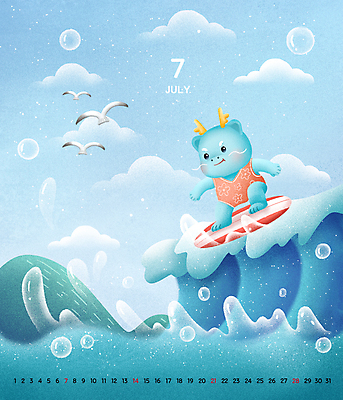 PSD 구름 수영복 파도 바다 일러스트 갈매기 하늘 서기 사람없음 여름 파란색 달력 물방울 용띠 용 서핑보드 서핑 십이지신캐릭터 용캐릭터 서퍼 7월 용띠해 2024년 갑진년 국내일러스트 일러캐릭터 자연요소 캐릭터 옷 계절 컬러 모션 조류 운동선수 십이지신 수상스포츠 보드_스포츠 날짜 연도 파일형식