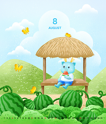 PSD 구름 나비 일러스트 휴식 산 수박 들기 앉기 사람없음 초록색 여름 달력 용띠 용 먹기 십이지신캐릭터 원두막 용캐릭터 8월 수박밭 용띠해 2024년 갑진년 국내일러스트 일러캐릭터 자연요소 캐릭터 계절 컬러 곤충 컨셉 밭 과일 모션 십이지신 날짜 연도 파일형식