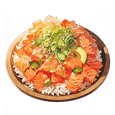 JPG 음식 일러스트 사람없음 일본 덮밥 연어 나무접시 연어요리 일본음식 연어덮밥 국내일러스트 AI일러스트 AI콘텐츠 접시 아시아 어류 파일형식