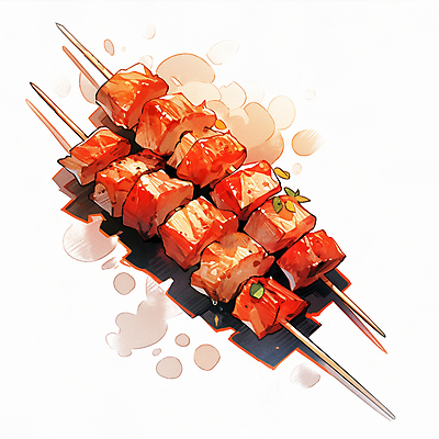 JPG 음식 일러스트 사람없음 일본 닭고기 연기 닭고기요리 닭꼬치 일본음식 야키토리 국내일러스트 AI일러스트 AI콘텐츠 아시아 육류 꼬치 파일형식