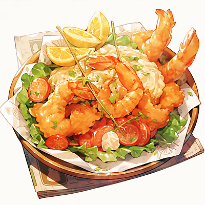 JPG 그릇 음식 일러스트 방울토마토 사람없음 일본 레몬 새우튀김 일본음식 국내일러스트 AI일러스트 AI콘텐츠 식기 아시아 토마토 과일 새우 튀김 파일형식