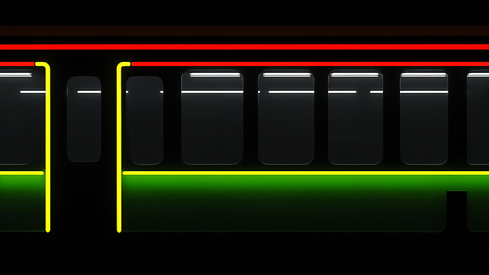 JPG 편집이미지 라이프스타일 선 창문 사람없음 빨간색 초록색 빛 문 검은색 전철 디지털합성 네온 편집실사 AI포토 AI콘텐츠 육상교통 컬러 대중교통 생활 CG 파일형식