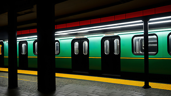 JPG 편집이미지 라이프스타일 창문 사람없음 초록색 빛 문 검은색 기둥 전철 디지털합성 네온 편집실사 AI포토 AI콘텐츠 건축 육상교통 컬러 대중교통 생활 CG 파일형식