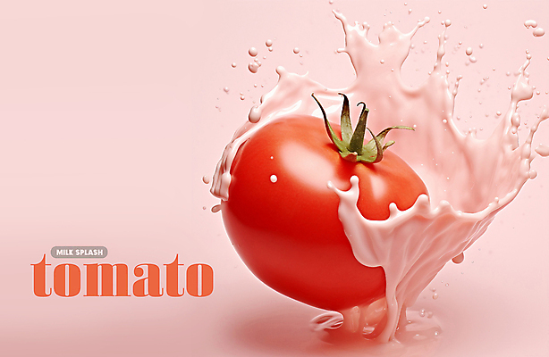 PSD 편집이미지 분홍색 토마토 사람없음 우유 물방울 뿌리기 튀는물 파스텔톤 스플래쉬 이미지편집 컬러 채소 모션 유제품 액체표현 파일형식