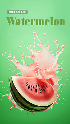 PSD 편집이미지 수박 사람없음 초록색 우유 물방울 뿌리기 튀는물 파스텔톤 스플래쉬 이미지편집 컬러 과일 모션 유제품 액체표현 파일형식