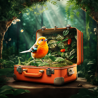 JPG 나무 편집이미지 여행 자연 조류 나뭇잎 잔디 사람없음 초록색 판타지 여행가방 주황색 풀잎 숲속 신비 열대우림 편집실사 AI포토 AI콘텐츠 식물 동물 컬러 컨셉 잎 가방 상상 풀_식물 숲 CG 생태계 파일형식